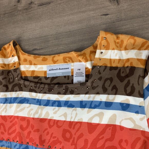 Alfred Dunner Womens Colorful Top Petite Medium Striped Embellished 3/4 Sleeve - Picture 5 of 13